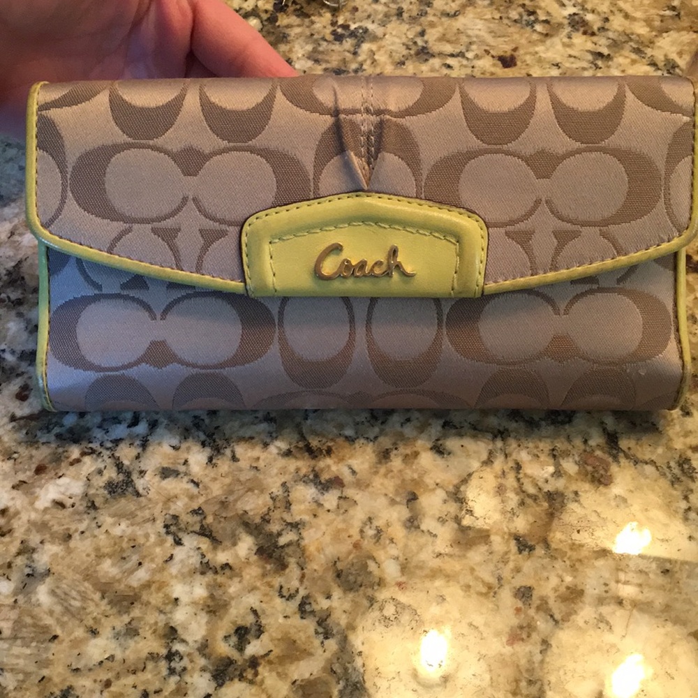 Coach checkbook wallet, khaki & chartreuse
